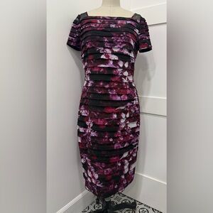 Adrianna Papell Black Purple Floral Mesh Banded Sheath Tiered Mini Dress Size 14